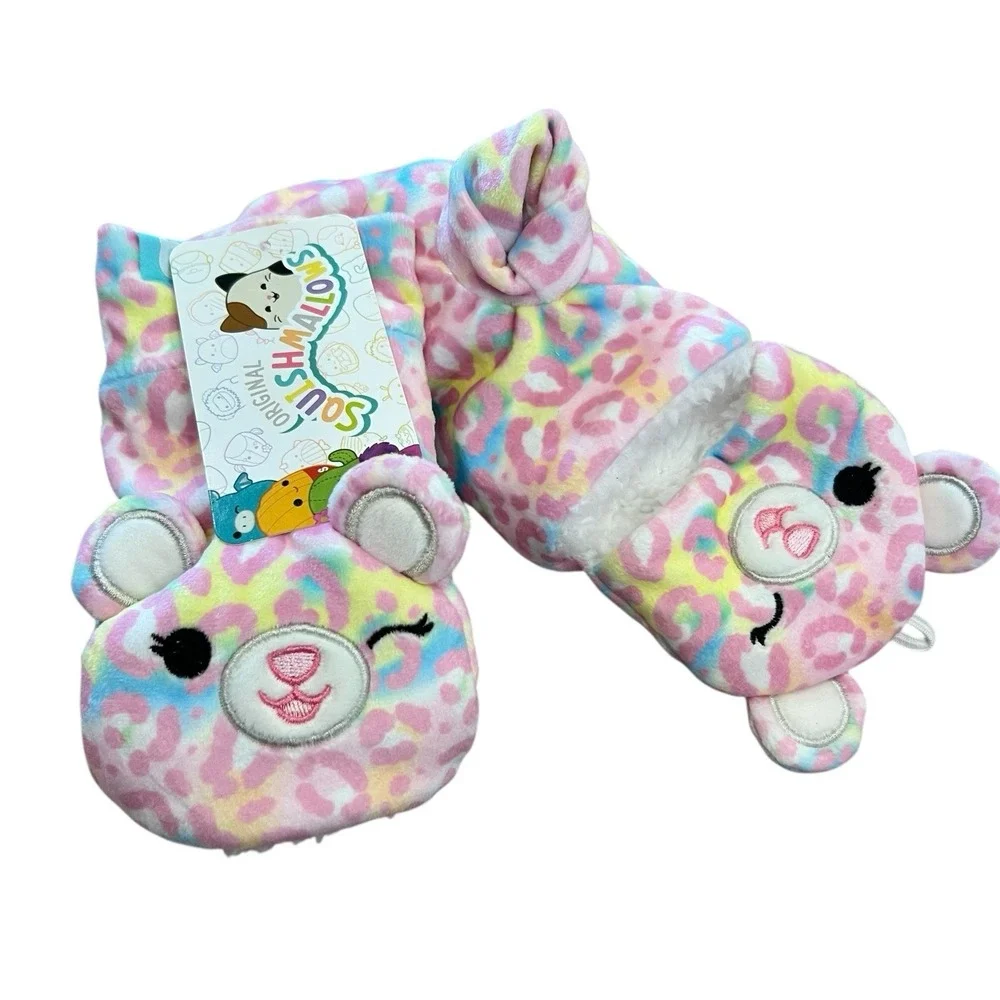 Squishmallows Michaela Hat Gloves Set‎ Ears Pom Pom Pink Leopard Winter Cap NWT